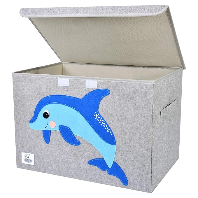 Large Toy Box Storage with Lid, Foldable Fabric Toy Chest Storage for Kids | Toy Organizer Basket, Collapsible Animal Print Storage Bin for Toddlers, Boys and Girls, Playroom, Baby Nursery (Dolphine)
