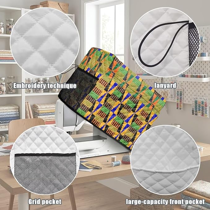 Sewing Machine Cover Polyester Febric African Kente Triangle Print | Dust Pet Hair Protection,Quilting Design,Fits Standard Singer,Brother Janome Machines,Protecting Decorating Your Sewing Space