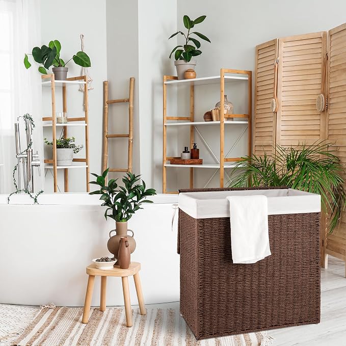 OIAHOMY Laundry Hamper with Lid, 110L(29.1 Gal) Large Wicker Laundry Basket for Bedroom, Handwoven Paper Rope Clothes Hamper with Washable Liner & Metal Frame, Decorative organizer for Bathroom Brown