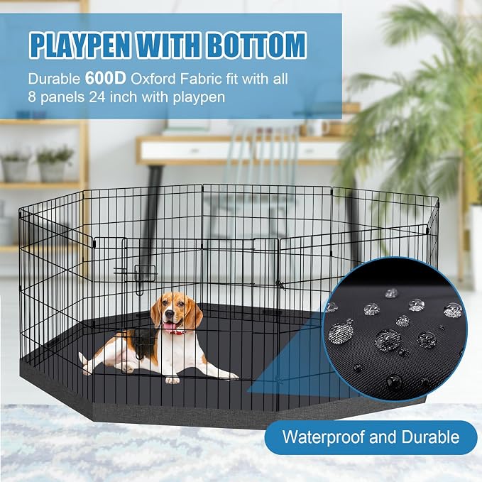 Peekaboo Dog Playpen 24" H 8-Panel with Octagonal Top Cover & Bottom Pad | 24-inch black 8-panel rustproof metal dog playpen with built-in door, foldable design, top cover and waterproof bottom pad.