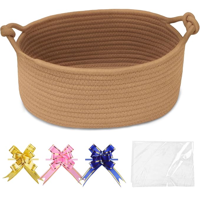 COMSE Small Gift Basket Empty with Bag & Ribbons, Solid Camel | Cotton Rope, 12"x 8"x 5", Pet Toy Storage Organizer, Woven Basket for Birthdays, Baby Showers, Mother’s Day, Valentine’s Day
