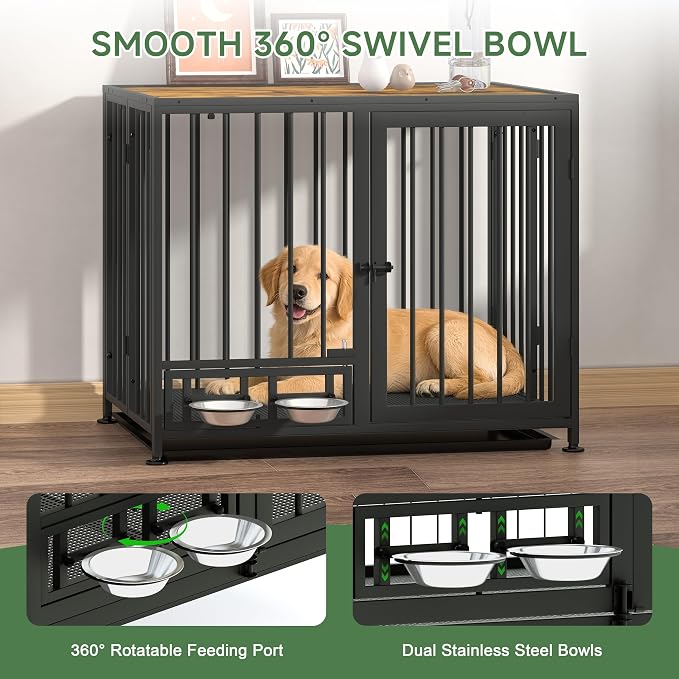 Heavy Duty Dog Crate for Medium Dogs, 3 in 1 37.8" Foldable Collapsible Dog Kennel & Playpen with Wheels & Feeding Bowls, Escape-Proof Metal Dog Cage for Indoor Outdoor Use, Rustic Brown