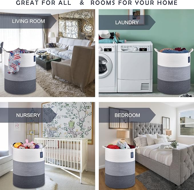COMSE Laundry Hamper, Extra Large 15.7"x 21.7", Cotton Rope Basket, Portable, White & Light Gray & Dark Gray | 15.7”x 21.7”, Cotton Rope, Large Nursery Hamper for Storage of Toys Clothes Towels, Great for Living Rooms Bedrooms Bathrooms