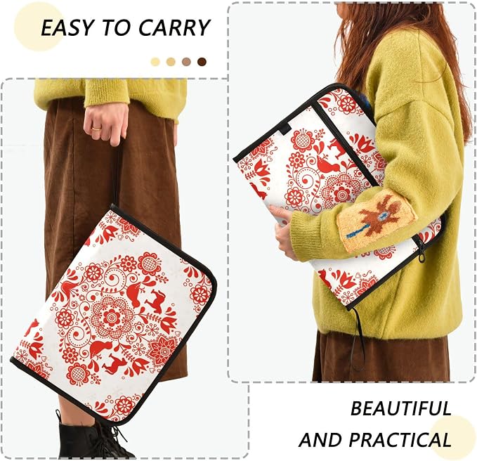 Red Nordic Folk Art Pattern Expanding File Folder with Sticky Labels, 13 Pockets Accordion File Folder Document Organizer Expandable Zip File Folder with Zipper Closure