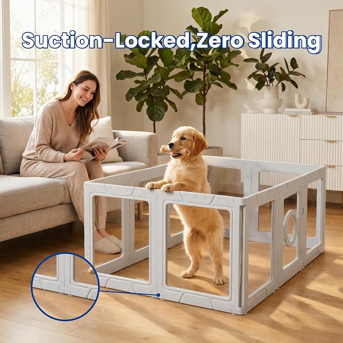 LEVELEVE Clear Acrylic Dog Playpen Indoor, Small Pet Play Pen for Puppy Cat Rabbit, Portable Dog Fence Crate Kennel Whelping Cage, 24" Height, White, 10 Panels