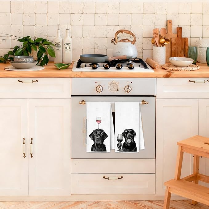 Funny Black Labrador Retriever Wine Kitchen Towels 16x24 Inch, Black Lab Gifts Decorative Hand Towels for Kitchen Home Bar, Wine Lover Gifts Dish Tea Towel Drying Cloth
