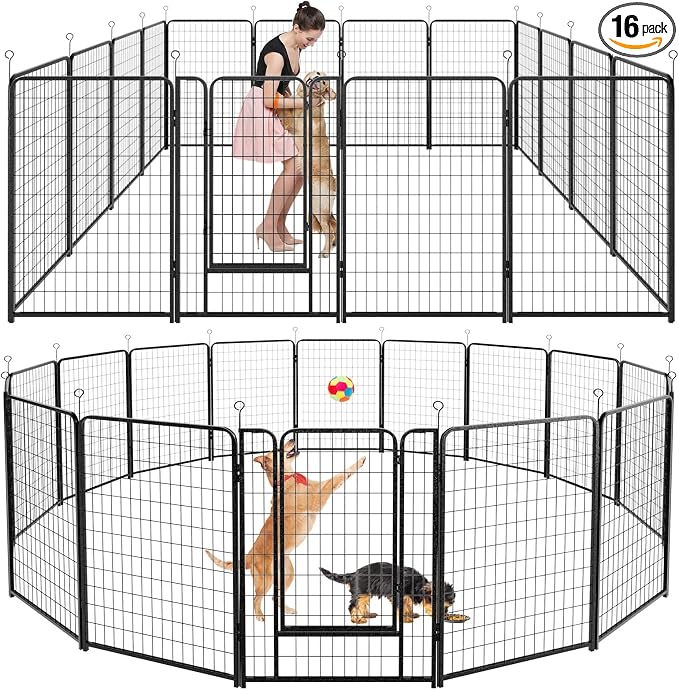Kfvigoho Dog Playpen Outdoor Extra Wide 16 Panels Heavy Duty Dog Fence 50" | Anti-Rust Coating-Strengthened Dog Fence with Doors Portable for RV Camping Yard, Total 42FT, 140 Sq.ft, Snowy Black