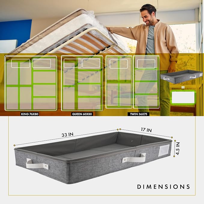 HOMELUX THEORY Under Bed Storage, Low Profile 2pc with Lid, Light Gray | Slim fit for low-clearance beds & couches, Fits seasonal clothes, blankets & shoes, Bins with lids, Space-saving storage