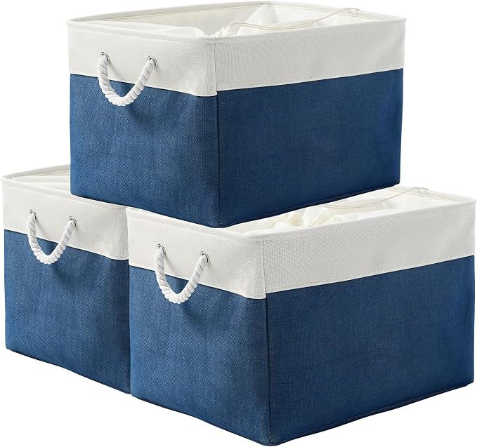 Organization and Storage Basket for Shelves - Jumbo 3 Pack 20x16x14 inch Collapsible Storage Bins for Organizing, Canves Storage Cubes for Gift Organizer Toys Closet (White & Jean Blue)