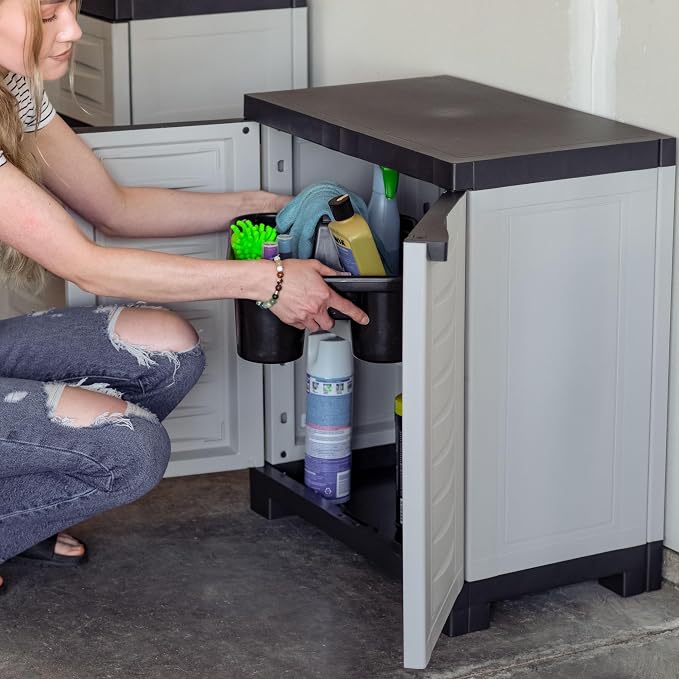Sunnydaze 25.5" Garage Storage Cabinet with Adjustable Shelf, Gray | Heavy Duty Resin Storage Cabinet Resists Rust & Peeling, Easy-Clean Utility Cabinet with Doors for Garage, Closet, Office