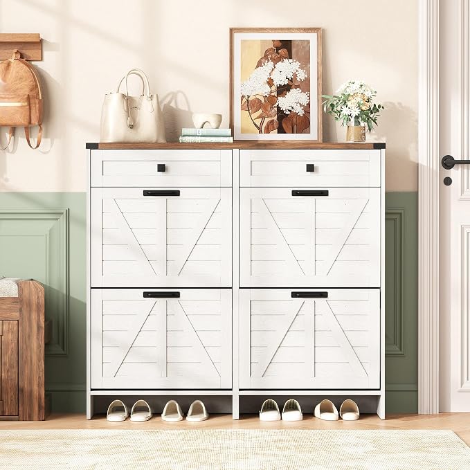 Halitaa Shoe Cabinet with 4 Flip Drawers & 2 Drawers,Farmhouse Shoe Storage Cabinet for Entryway,Slim Freestanding Organizer Rack for Front Door Entrance,White