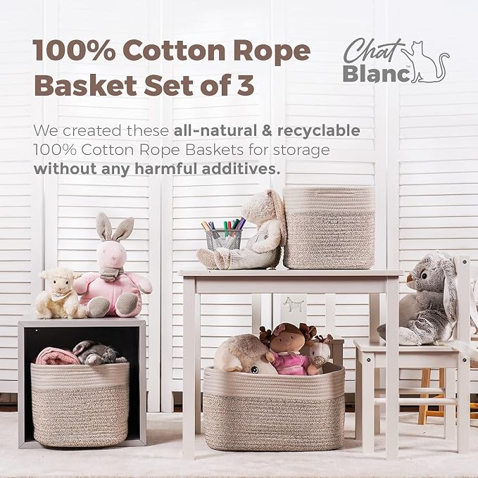 CHAT BLANC Cotton Rope Baskets for Organizing | Storage Baskets for Shelves | Rope Basket for Storage, Small Laundry Baskets, Woven Baskets for Storage, Dog Toy Bin, Baby Basket,Off White&Brown 3 Pack