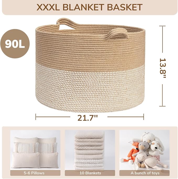 INDRESSME XXXLarge Woven Wicker Blanket Basket Living Room White Jute, 90L | Wicker baskets for organizing shoe, dog toys & pillows. For living room bedroom or nursery decor. soft-touch with handles
