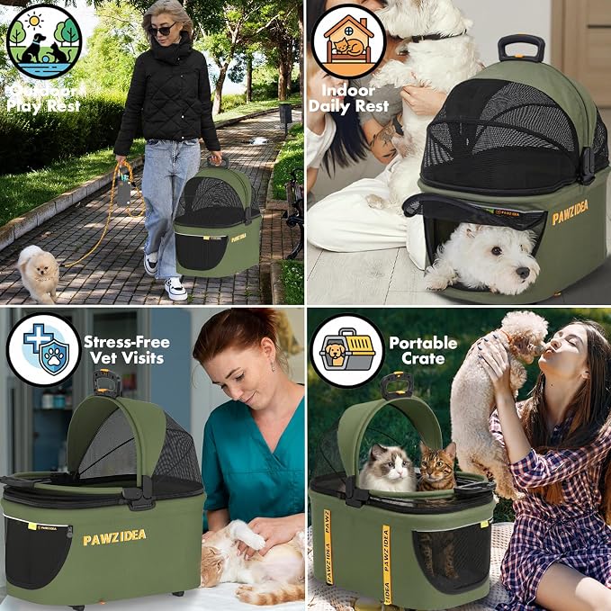 PAWZIDEA Double Pet Stroller with 2 Detachable Carrier for Multiple Pets | Portable Travel Crate & Car Seat Combo & TSA-Approved Expandable Carrier, Foldable Jogger Stroller for 2–4 Cats or Small Dogs