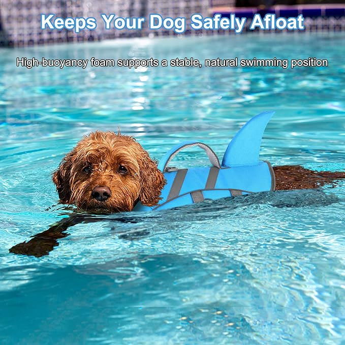 Dogcheer Dog Life Jacket Shark, Dog Life Vest with Rescue Handle - Blue,L | Adjustable Dog Harness Swim Vest for Swimming Boating, Reflective Pet Floating Device PFD for Small Medium Large Dogs