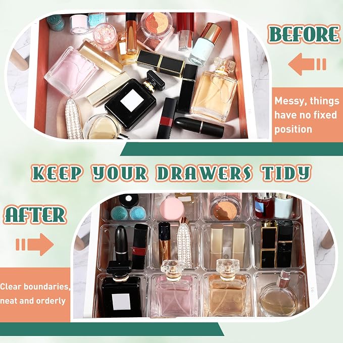 Tioncy 8 Pcs Stackable Clear Drawer Organizer 3" x 3" x 2" Storage Bins | For Makeup Vanity Bathroom Kitchen, Small Containers Office Desk Cosmetics, Transparent Organizers Declutter Drawers Easily
