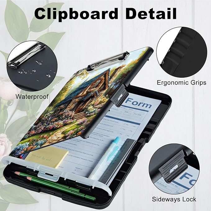 A4 Clipboard with Storage Pen Holder, Clipboards Organizer Nursing Clipboard Foldable File Folder Plastic Clipboard Folio Clip Board for Office Work Classroom Doctor, Garden Castle
