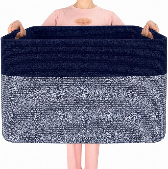 112L Extra Large Blanket Basket Holder Living Room, 25"x17"x16" Rectangle Rope Woven Storage Basket with Handles for Laundry, Towels, Shoes, Dog Toy Organizer Bin Box, Navy Blue