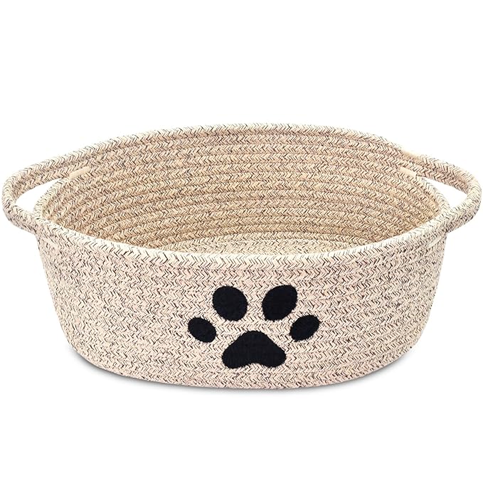 ABenkle Small Woven Basket with Handle, Cute Dog Paw Baskets for Gifts Empty, Decorative Rope Woven Storage Dog Toy Basket, Nursery Baskets for Baby Shower, 12" x 8" x 5"