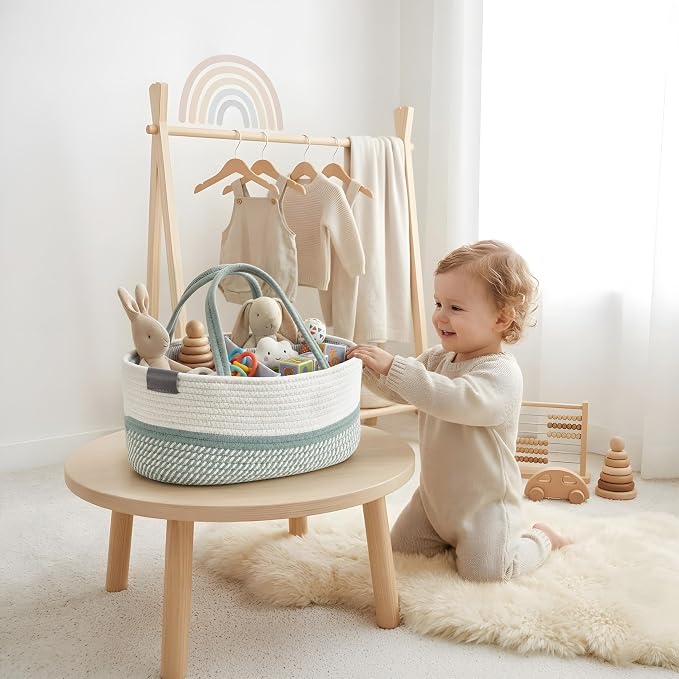 DECOMOMO XL Baby Caddy Organizer, Extra Large Diaper Caddy Basket | Baby Baskets for Baby Shower Gifts (Sage Green & White)