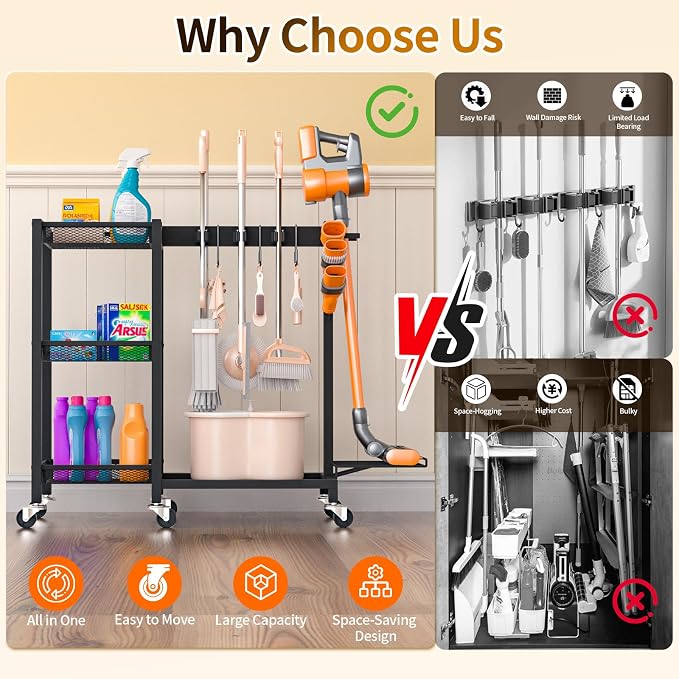 Broom Holder with Cleaning Supplies Organizer, 30.7"Wx11.8"Dx34.6"H | Load 350 LBS, Cleaning Cart with Wheels, 3-Tier Shelves, 6 Mop Hanger Grippers & 3 Double-Hooks, Vacuum Stand for Laundry