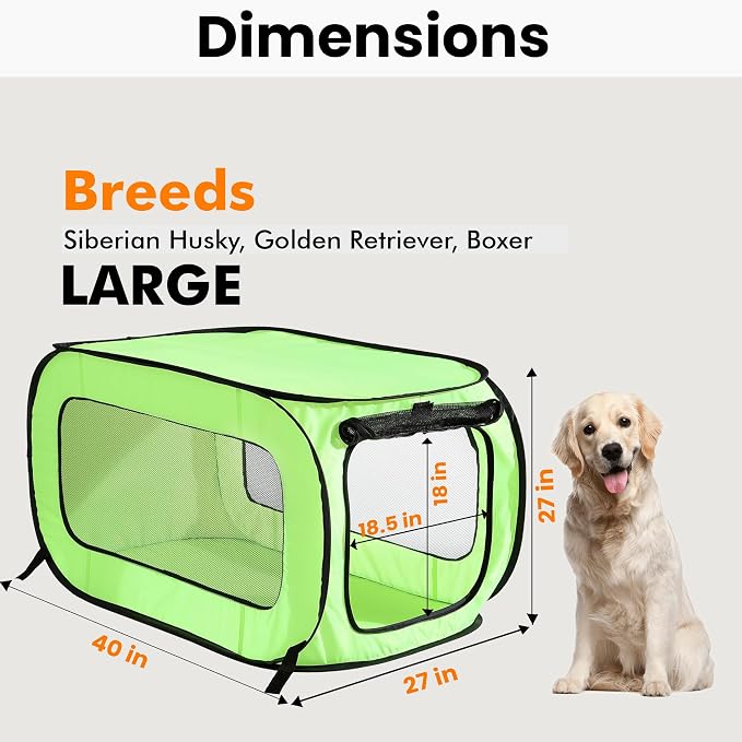 Portable Collapsible Pop Up Kennel, 40" L x 27" W x 27" H, Green | Collapsible indoor/outdoor travel cat and dog crate with mesh screen windows pops up and folds flat for easy storage