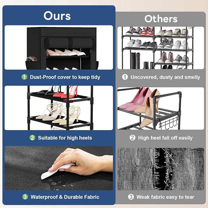 Shoe Rack with Cover, 10 Tier Tall Shoe Organizer for 18-22 Pairs of Shoes | Shoe Organizer with 4 Side Pockets, Shoe Cabinet for Entryway, Closet