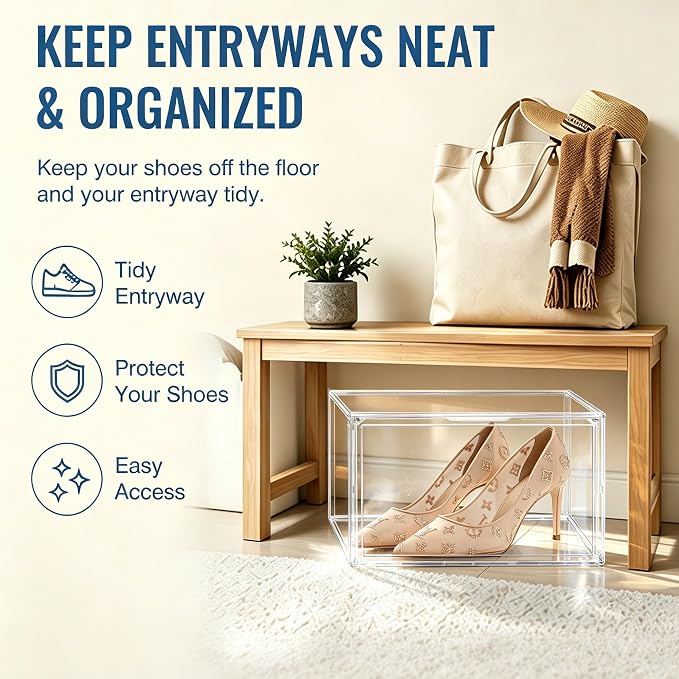 2 Pack Low Profile Clear Shoe Storage Box for Flats,Loafers,Heels | Space-saving design fits under shelves and cabinets.Perfect for flats, loafers and everyday footwear.Fit up to size 12 or 13