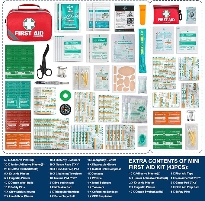 General Medi 2-in-1 First Aid Kit (215 Piece Set) + 43 Piece Mini First Aid Kit -Includes Ice(Cold) Pack, Moleskin Pad and Emergency Blanket for Travel, Home, Office, Car, Workplace