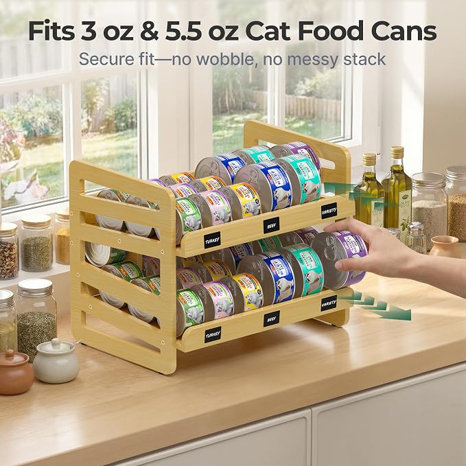 Cat Food Can Organizer for 3 oz and 5.5 oz Cans, Wooden FIFO Dispenser | Canned cat food organizer with FIFO lanes, write-on labels, marker and anti-slip pads for pantry shelves and feeding stations