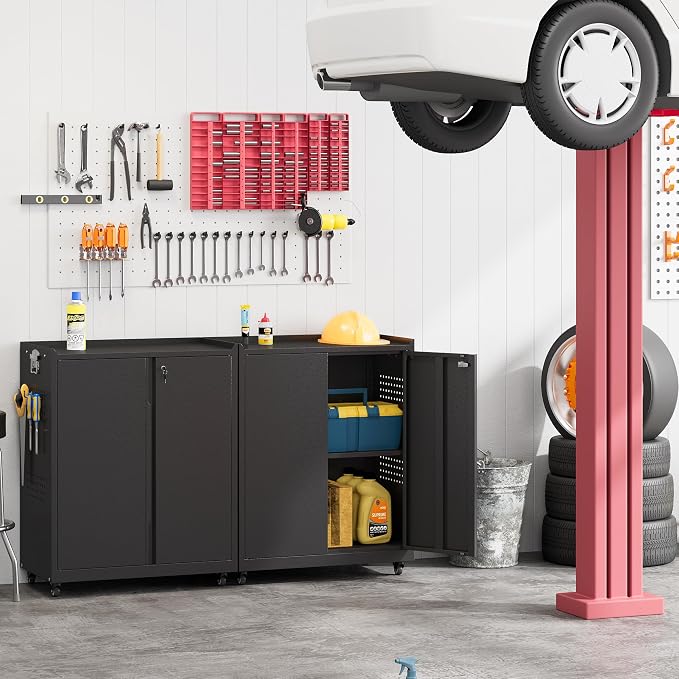34''H Garage Storage Cabinet, Meatl Storage Cabinet with Lock | Tool Storage Cabinet, Steel Tool Cabinet with 2 Doors and Shelves for Garage, Warehouse, Assembly Required, Black