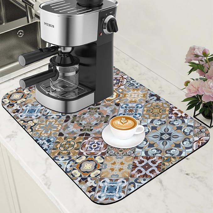 Retro Colorful Tiles Dish Drying Mat for Kitchen Counter Floral Coffee Mat Hide Stain Absorbent Drying Rack Pad with Rubber Backed Espresso Machine Coffee Bar Accessories 11.8 x 19.7 Inch