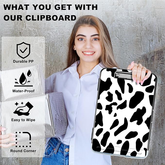 A4 Clipboard with Storage Pen Holder, Clipboards Organizer Nursing Clipboard Foldable File Folder Plastic Clipboard Folio Clip Board for Office Students Classroom Doctor Teacher, Cow Print