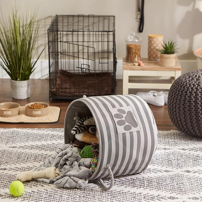 Bone Dry Pet Storage Collection Striped Paw Patch Bin, Medium Round, Gray
