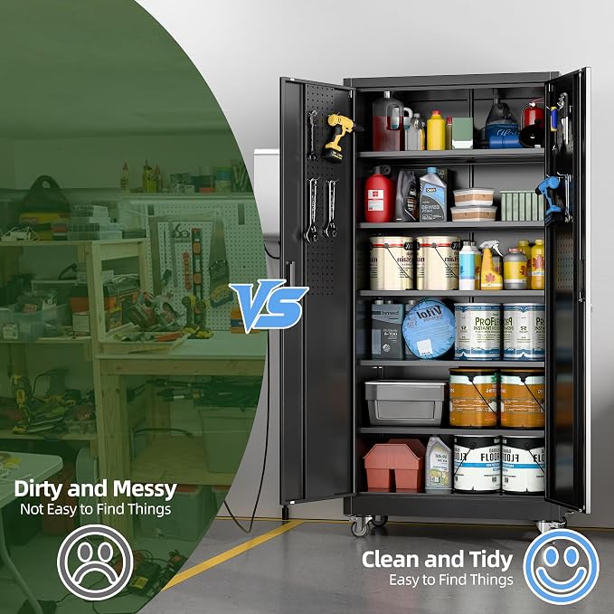 Black Metal Garage Storage Cabinet with Wheels, 34"W x 18"D x 71"H | 5 adjustable shelves hold up to 170 lb each; 4 lockable casters and lockable doors organize tools and supplies.
