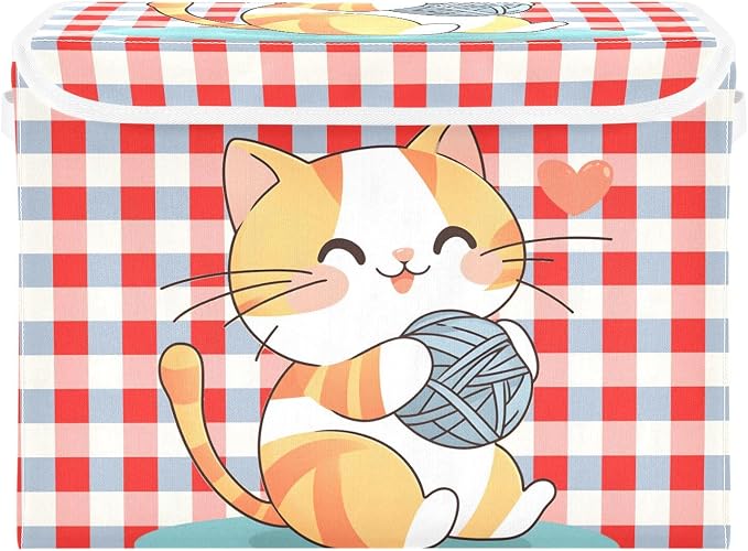 Cute Cat Ball Fabric Storage Bins with Lid Closet Storage Basket 40L | Foldable & Stackable, Flip Top Dust Guard, Reinforced Handles, Home & Bedroom, Clothes & Toys, Cat Print Basket
