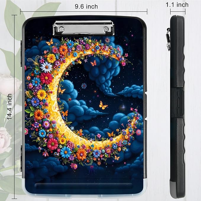 A4 Clipboard with Storage Pen Holder, Clipboards Organizer Nursing Clipboard Foldable File Folder Plastic Clipboard Folio Clip Board for Office Work Classroom Doctor, Dark Clouds Moon