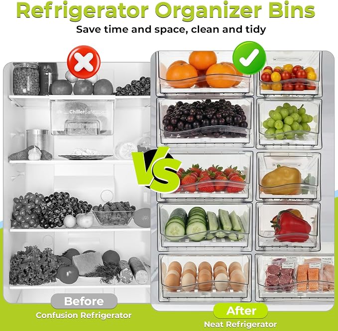 4Pack Fridge Organizer, Stackable Refrigerator Organizer Bins | Reusable Food Storage Containers, BPA-Free with Drain Tray for Kitchen, Refrigerator, Pantry (4 Drawers, Large, Medium)