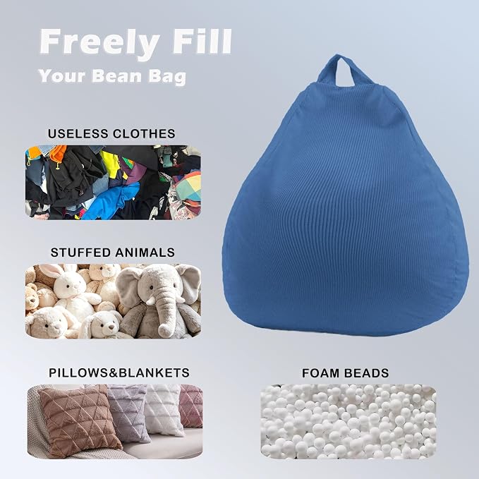 LPMOERA Stuffed Animal Storage Soft Bean Bag Chair Cover No Filler Blue | Skin-Friendly,Portable,Wide Easy-Load Opening,Hidden Zipper,Decorative Organizer