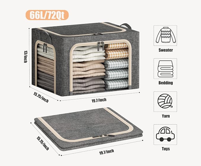 3 Openings Large Clothes Storage Bins with Metal Frame, Foldable Storage Bin for Clothes, Clothing Storage Bins with Lid, Linen Storage Box With Clear Window＆ Zippers＆ Handles.(3 Pcs,Dark Grey,66L)