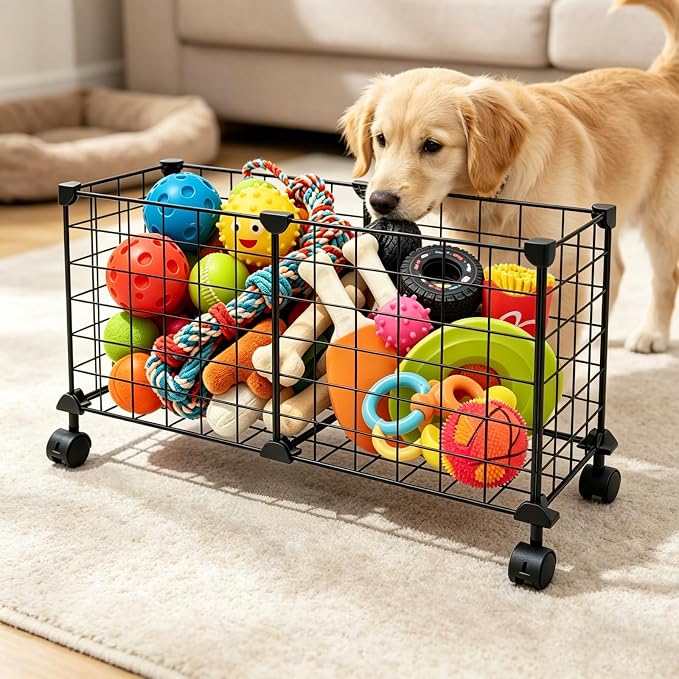 Indestructible X Large Dog Toy Basket with Wheels, Metal Dog Toys Holder for Cats, Heavy-Duty Storage Bin for Chew Toys & Blankets Pet Food Storage Box Organization, Chew-Proof Toy Organizer for Puppy