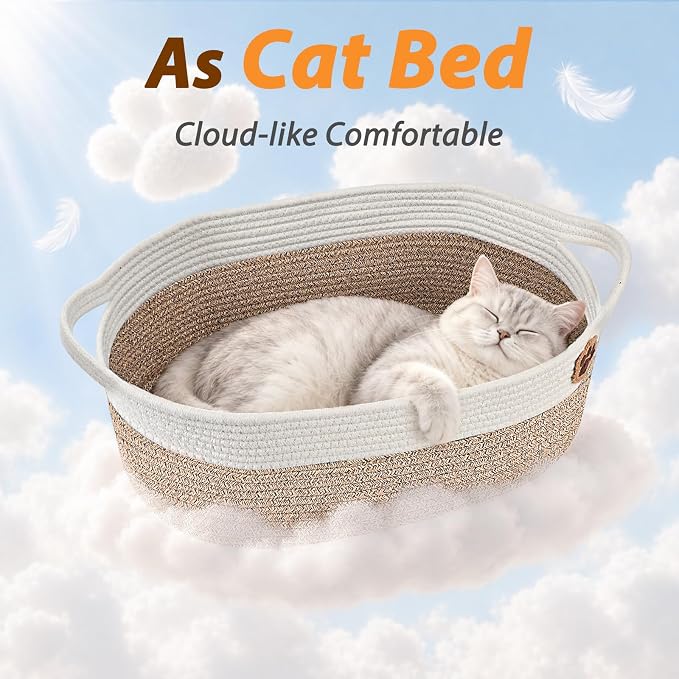 SZEE 2 Pack Stimulicat Handwoven Cat Basket, Large Instinct Cat Bed Baskets | Woven Cotton Rope Cat Scratcher Basket & Pet Toy Organizer, Breathable with Reinforced Handles, 19.7"x11"x7.9", Beige+Gray