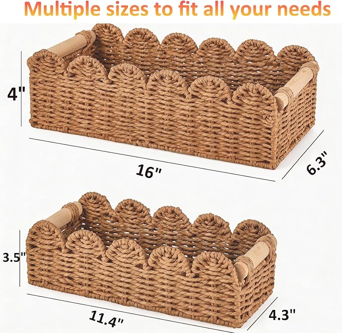 2PCS Paper Rope Scalloped Edge Toilet Paper Storage Basket for Bathroom | Basket for Over Toilet Shelves Storage Containers for Bathroom Decor Baskets for Toilet Storage Home Decor
