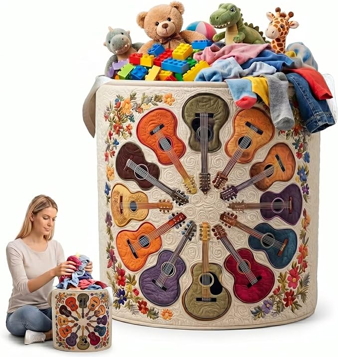 Retro Guitar Laundry Hamper, Vintage Musical Instrument Quilted Basket, Cool Rock N Roll Clothes Storage Bin for Boys Room & Music Studio(16" x 22")