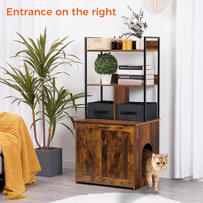 Dwanton Cat Litter Box Enclosure, 2 Storage Shelves and 2 Drawers, 50" H | 2-in-1 Hidden Cat Litter Box Enclosure Furniture with Shelf, Metal Frame, Reversible Entrance, Washable Drawers, Rustic Brown