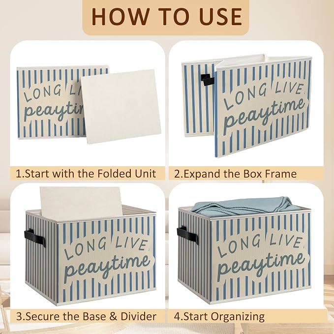 Kids Playroom Foldable Storage Bins Box with Handles, Long Live Playtime Blue Striped Decorative Storage Boxes Baskets Toybox Organizer for Kids Boys Girls Nursery Room Bedroom Playroom