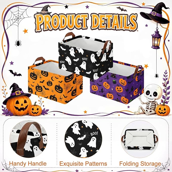 Britimes Halloween Storage Baskets for Gifts, Toy Storage Bins Boxes, 3Pcs | Halloween Ghost Boo Canvas Collapsible Baskets Organizer with Handles Nursery Decor Laundry Basket for Shelves Closet