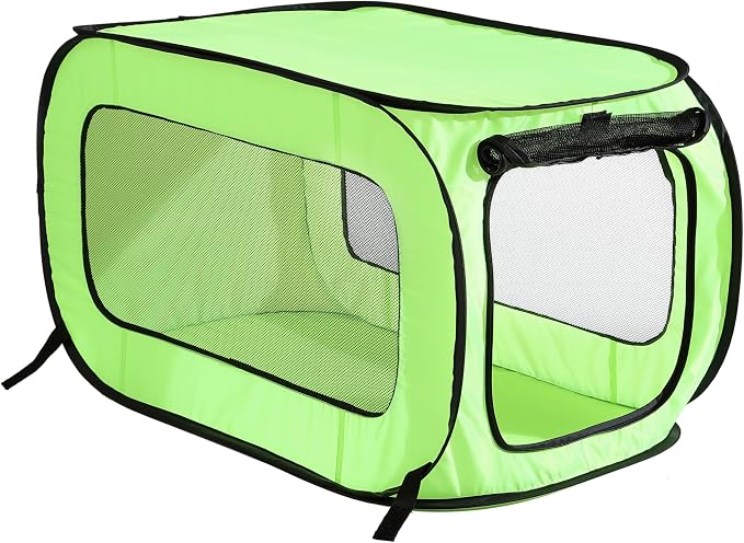 Portable Collapsible Pop Up Kennel, 40" L x 27" W x 27" H, Green | Collapsible indoor/outdoor travel cat and dog crate with mesh screen windows pops up and folds flat for easy storage