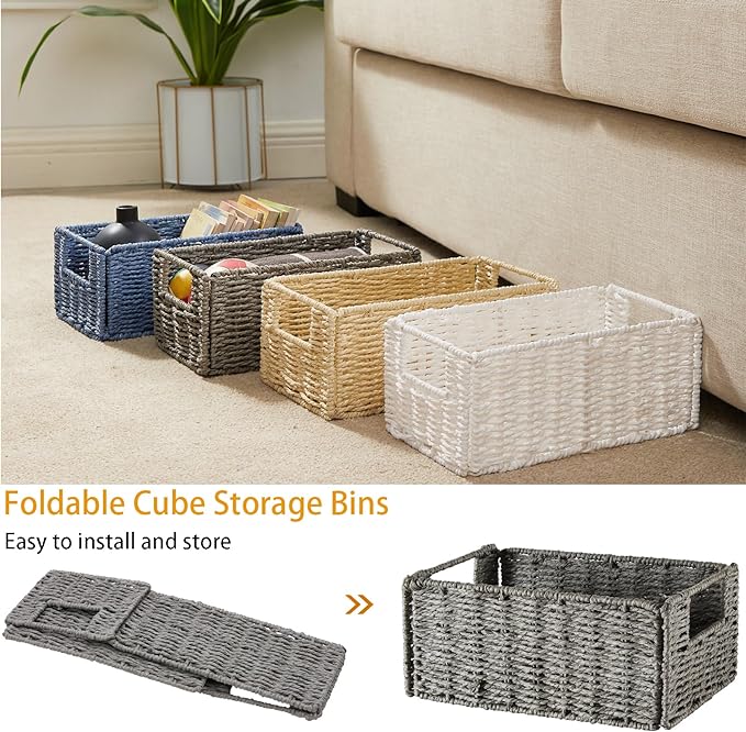 Vagusicc Wicker Storage Basket, Set of 2 Hand-Woven Paper Rope Wicker Basket, Small Storage Baskets for Organizing Toilet Paper Basket, Foldable Large Cube Storage Organizer Bins for Shelves (Blue)