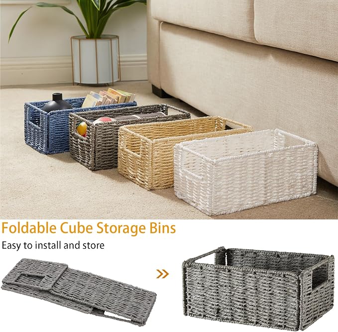 Vagusicc Wicker Storage Basket, Set of 2 Grey Baskets for Toilet Paper | Hand-Woven Wicker Baskets, Small Storage Baskets for Organizing with Handles Foldable Cube Storage Organizer Bins for Shelves